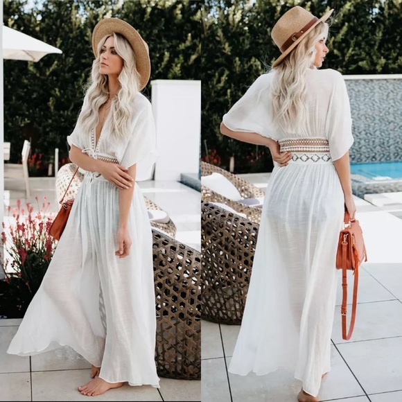 Black Maxi Kimono CoverUp Linen Cotton Lace - Picture 7 of 14